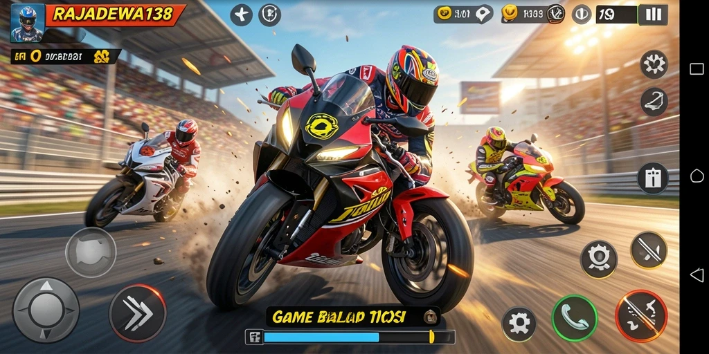 Gameplay RAJADEWA138 menampilkan balapan motor yang seru dan menegangkan.