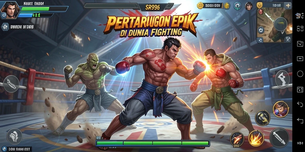 Tangkapan layar SR996 menampilkan pertarungan intens dengan karakter unik.